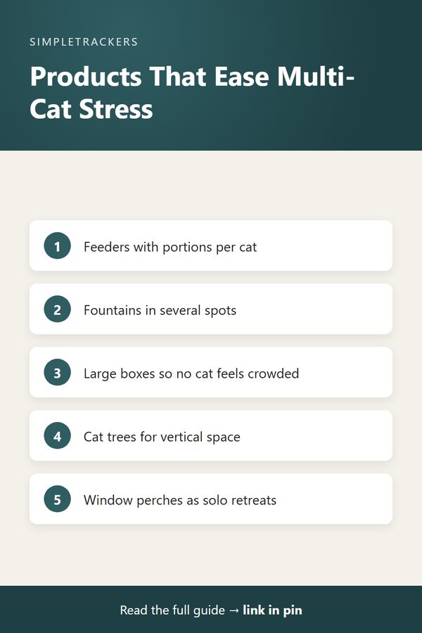 Infographic: five products that ease multi-cat stress, from per-cat feeders to window perches
