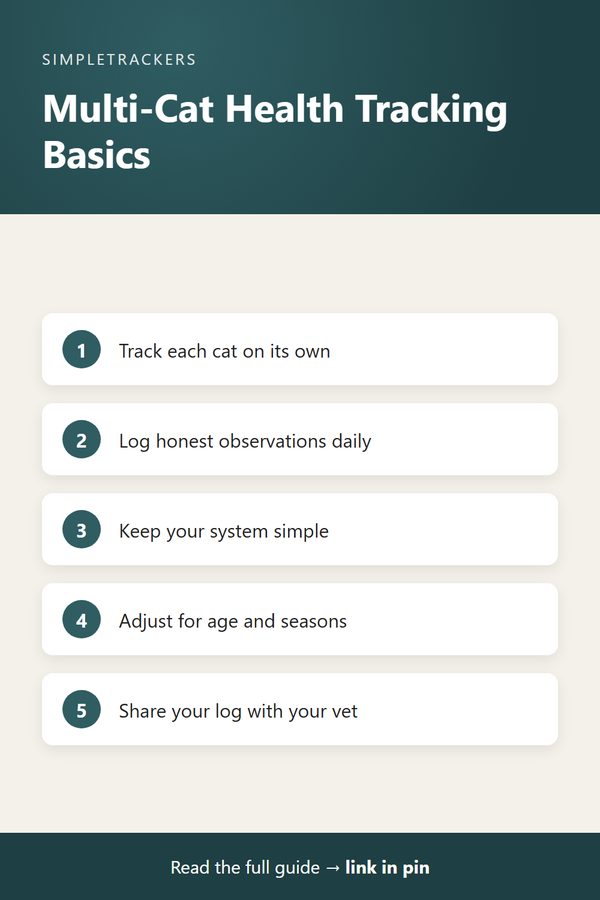Infographic: five multi-cat health tracking basics, from tracking each cat on its own to sharing your log with your vet
