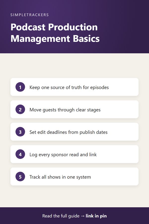 Infographic: five podcast production management basics, from keeping one source of truth for episodes to tracking all shows in one system